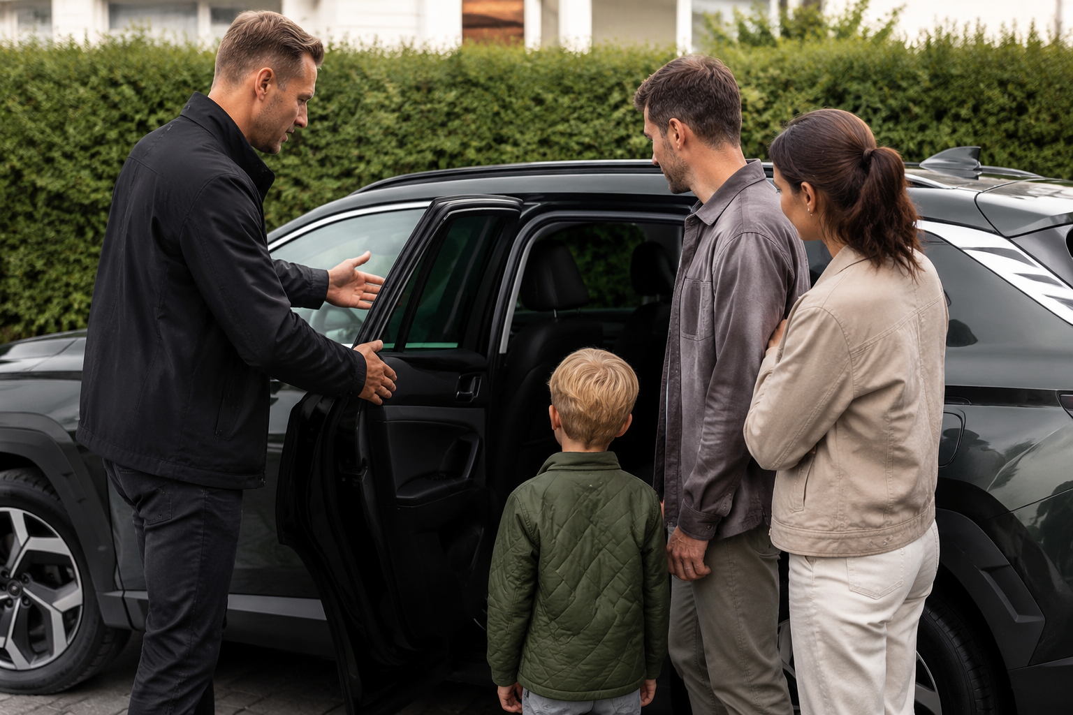 Bilsmidigts chaufför visar en SUV för en familj vid hemleverans
